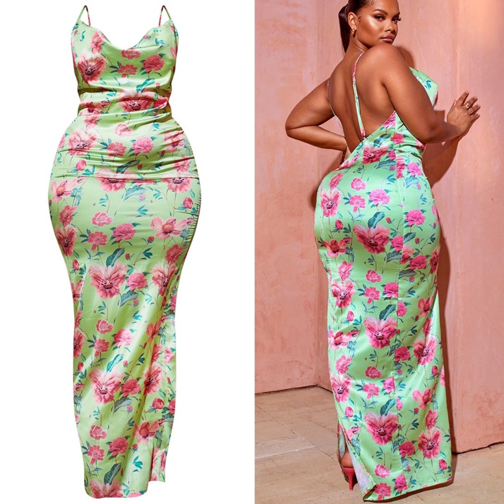 Plus Green Floral Print Satin Cowl Neck Maxi Dress